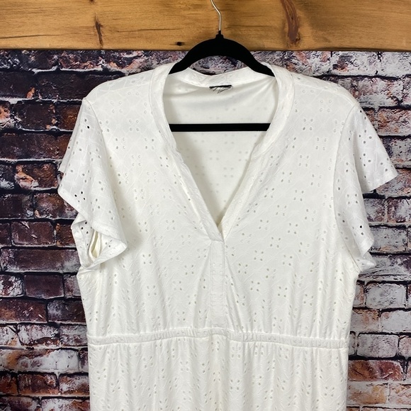 Off White Eyelet Maxi Tiered Short Sleeve Flowy Boho V-Neck Dress Size XL - Picture 4 of 14